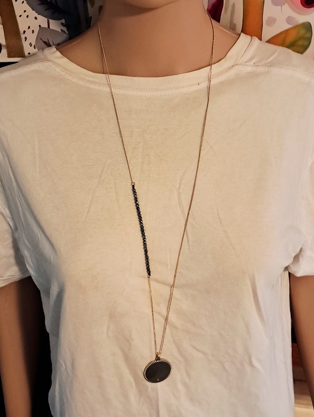 Banana Republic Gold Disc Necklace w/ Assymmetrical Opalescent Black Bead Strand